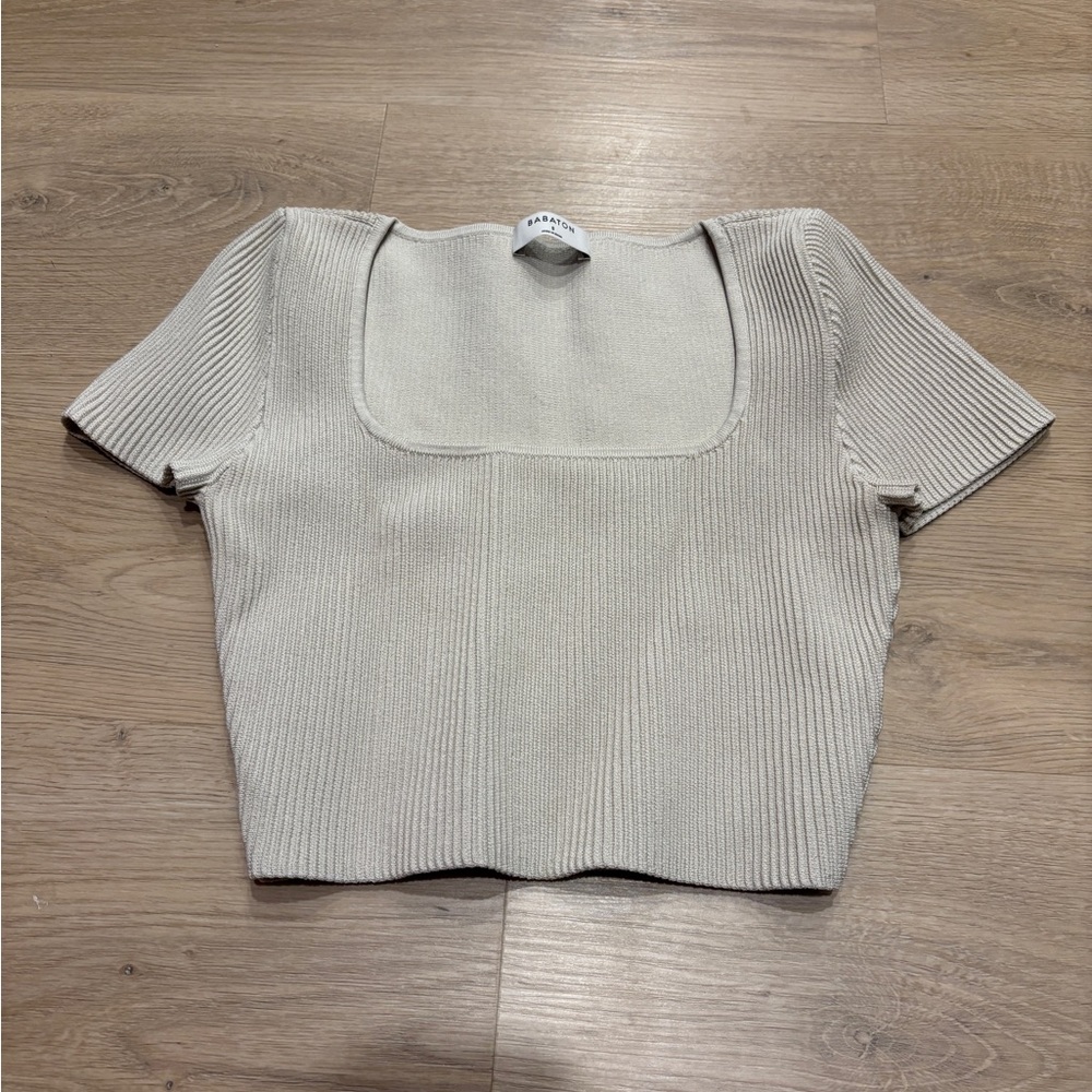 Babaton Tan Ribbed Crop Blouse